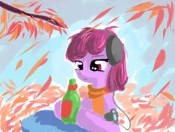 Size: 800x600 | Tagged: safe, artist:snus-kun, derpibooru import, berry punch, berryshine, earth pony, pony, bottle, clothes, female, headphones, leaves, mare, mp3 player, scarf, solo