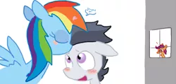 Size: 819x394 | Tagged: safe, artist:the weaver, derpibooru import, rainbow dash, rumble, scootaloo, pegasus, pony, blush sticker, blushing, colored, colt, exclamation point, female, filly, forehead kiss, jealous, kiss it better, kissing, male, mare, rumbledash, simple background, white background