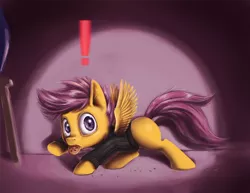 Size: 900x695 | Tagged: safe, artist:aphexangel, derpibooru import, scootaloo, pegasus, pony, caught, cookie, cookie thief, cute, cutealoo, exclamation point, female, filly, konami, metal gear, mouth hold, sneaking, stalkerloo, thief