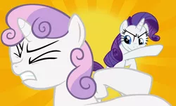 Size: 6637x4000 | Tagged: safe, artist:orangel8989, derpibooru import, edit, edited screencap, screencap, rarity, sweetie belle, pony, unicorn, a canterlot wedding, abstract background, absurd resolution, abuse, duo, duo female, female, filly, grin, jerk, kick, mare, punch, raribitch, scene parody, smiling, sweetiebuse