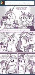 Size: 600x1274 | Tagged: suggestive, artist:johnjoseco, derpibooru import, princess cadance, princess celestia, shining armor, twilight sparkle, alicorn, pony, unicorn, ask princess molestia, princess molestia, blushing, comic, female, kissing, male, mare, monochrome, shiningcadance, shipping, stallion, straight