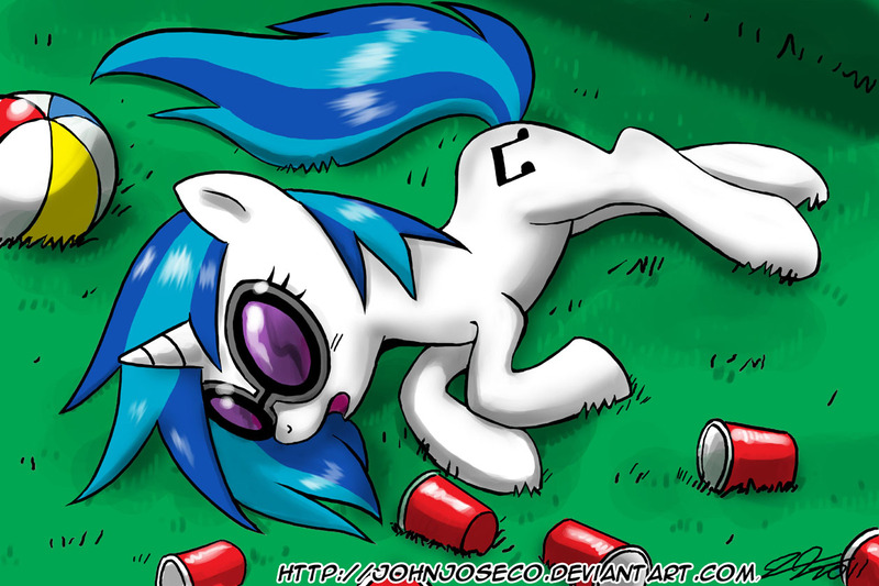 Size: 1260x840 | Tagged: safe, artist:johnjoseco, derpibooru import, vinyl scratch, pony, unicorn, ball, beach ball, cup, drunk, female, katy perry, last friday night, lying down, mare, passed out, photoshop, red solo cup, side, sleeping, solo, song reference