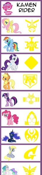 Size: 604x2516 | Tagged: safe, derpibooru import, applejack, derpy hooves, fluttershy, pinkie pie, princess celestia, princess luna, rainbow dash, rarity, twilight sparkle, pegasus, pony, chart, comparison chart, female, kamen rider, kamen rider decade, kamen rider fourze, kamen rider g, kamen rider garren, kamen rider ichigo, kamen rider kabuto, kamen rider kiva, kamen rider kuuga, kamen rider odin, mare, princess