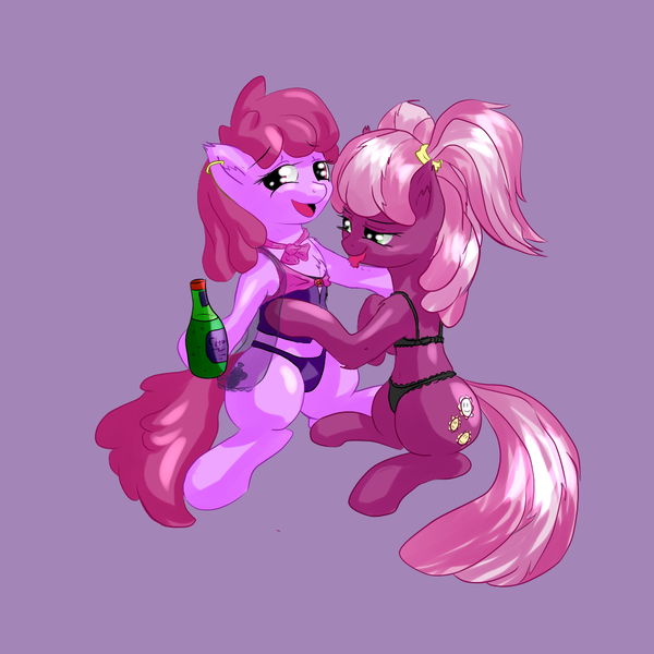 Size: 1000x1000 | Tagged: suggestive, artist:snus-kun, derpibooru import, berry punch, berryshine, cheerilee, earth pony, pony, alternate hairstyle, berrilee, bottle, clothes, ear piercing, earring, female, jewelry, lesbian, lingerie, mare, panties, piercing, see-through, shipping, sitting, underwear