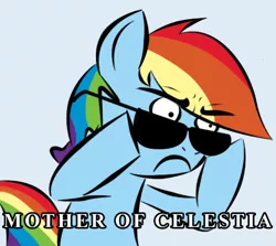 Size: 480x429 | Tagged: safe, derpibooru import, rainbow dash, pegasus, pony, female, frown, hoof hold, mare, mother of celestia, mother of god, reaction image, solo, sunglasses, wide eyes