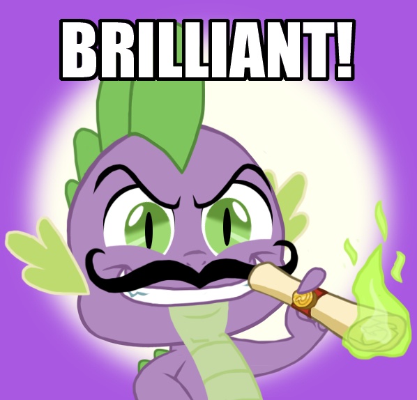 Size: 598x574 | Tagged: all caps, artist:rlyoff, brilliant, cigar, derpibooru import, dragon, gradient background, grin, image macro, impact font, male, meme, moustache, reaction image, safe, scroll, smiling, solo, spike