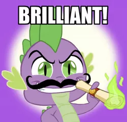 Size: 598x574 | Tagged: all caps, artist:rlyoff, brilliant, cigar, derpibooru import, dragon, gradient background, grin, image macro, impact font, male, meme, moustache, reaction image, safe, scroll, smiling, solo, spike