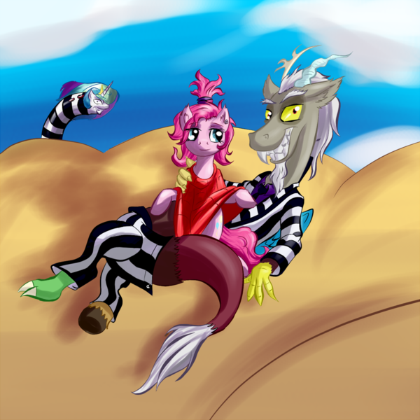 Size: 1000x1000 | Tagged: safe, artist:snus-kun, derpibooru import, discord, pinkie pie, princess celestia, earth pony, pony, worm, alternate hairstyle, beetlejuice, clothes, desert, female, grin, male, mare, parody, smiling, tim burton