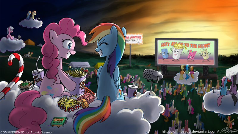 Size: 1920x1080 | Tagged: safe, artist:johnjoseco, derpibooru import, pinkie pie, rainbow dash, earth pony, pegasus, pony, cinema, cloud, crowd, eyes closed, female, food, grin, happy, hooves, lesbian, mare, on a cloud, pinkiedash, popcorn, shipping, sitting, sitting on cloud, smiling, text, wallpaper, wings