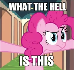 Size: 502x474 | Tagged: safe, derpibooru import, edit, edited screencap, screencap, pinkie pie, earth pony, pony, mmmystery on the friendship express, bipedal, female, frown, mare, reaction image, solo, what is this