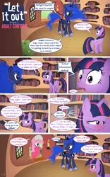 Size: 800x1280 | Tagged: suggestive, artist:syoee b, derpibooru import, pinkie pie, princess luna, twilight sparkle, alicorn, earth pony, pony, unicorn, comic:let it out, blushing, comic, female, golden oaks library, implied masturbation, lesbian, lunapie, mare, shipping, show accurate, show accurate porn