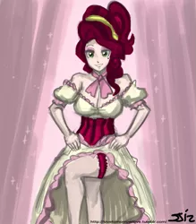 Size: 735x840 | Tagged: artist:johnjoseco, breasts, busty cherry jubilee, cherry jubilee, cleavage, clothes, colored, color edit, derpibooru import, dress, edit, female, garter, human, humanized, safe, solo