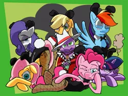 Size: 1015x767 | Tagged: suggestive, artist:mick-f18, derpibooru import, applejack, fluttershy, pinkie pie, rainbow dash, rarity, spike, twilight sparkle, dragon, earth pony, pegasus, pony, unicorn, bunny suit, bunnyshy, clothes, face down ass up, female, fishnets, hat, leotard, lucky bastard, male, mane seven, mane six, mare, pantyhose, pimp, pimp hat, spike gets all the mares