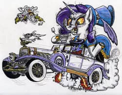 Size: 1151x892 | Tagged: safe, artist:sketchywolf-13, derpibooru import, derpy hooves, opalescence, rarity, spike, dragon, pegasus, pony, unicorn, bloodshot eyes, car, cigarette, cigarette holder, cup, duesenberg, female, food, gritted teeth, hat, male, mare, monocle, rat fink, tea, teacup