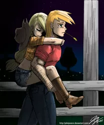 Size: 900x1084 | Tagged: applejack, applejack's hat, artist:johnjoseco, big macintosh, boots, brother and sister, cowboy boots, cowboy hat, crying, derpibooru import, duo, female, fence, hat, human, humanized, male, night, photoshop, piggyback ride, sad, safe, straw in mouth
