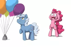 Size: 600x395 | Tagged: safe, artist:feujenny07, derpibooru import, pinkie pie, pokey pierce, earth pony, pony, unicorn, balloon, balloon popping, bipedal, female, horrified, male, mare, pure unfiltered evil, raised hoof, simple background, stallion, this will end in tears, weight, white background