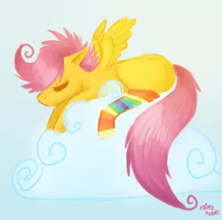 Size: 1064x1055 | Tagged: safe, artist:stripedhorses, derpibooru import, scootaloo, pegasus, pony, clothes, cloud, female, filly, rainbow socks, sleeping, socks, solo, striped socks