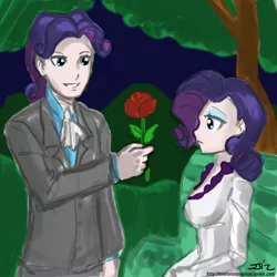 Size: 850x850 | Tagged: artist:johnjoseco, bench, derpibooru import, elusive, female, flower, human, humanized, male, rarilusive, rarity, rose, rule 63, safe, selfcest, self ponidox, shipping, straight