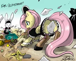 Size: 1020x816 | Tagged: suggestive, artist:johnjoseco, derpibooru import, angel bunny, fluttershy, pegasus, pony, censored, cleaning, clothes, costume, female, fishnets, fluttermaid, maid, mare, messy, mouth hold, paper, photoshop, strategically covered