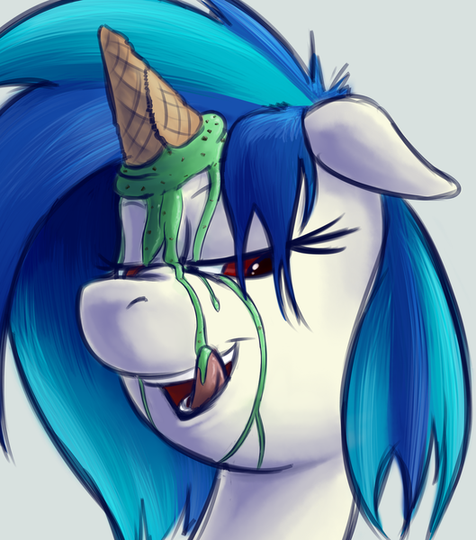 Size: 1387x1573 | Tagged: safe, artist:okiedokielowkey, derpibooru import, vinyl scratch, pony, unicorn, bust, dropped ice cream, female, floppy ears, ice cream, ice cream horn, licking, lidded eyes, mare, solo