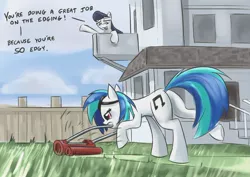 Size: 800x565 | Tagged: safe, artist:gsphere, derpibooru import, octavia melody, vinyl scratch, earth pony, pony, balcony, duo, duo female, edgy, female, grass, lawn mower, mare, mouth hold, open mouth, pun, reel mower, smiling, teasing, text, unamused, underhoof, vinyl is not amused, walking