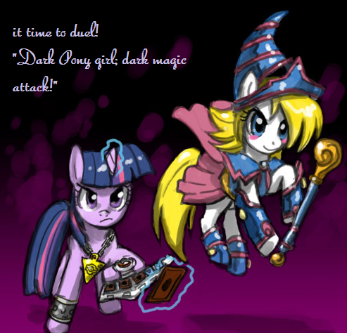 Size: 493x474 | Tagged: safe, artist:johnjoseco, derpibooru import, twilight sparkle, pony, unicorn, boots, clothes, cute, dark magician girl, duel disk, duo, duo female, female, mare, skirt, staff, yu-gi-oh!