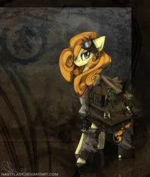 Size: 920x1084 | Tagged: safe, artist:nastylady, derpibooru import, carrot top, golden harvest, earth pony, pony, abstract background, clothes, female, goggles, hair over one eye, mare, smiling, smirk, solo, steampunk