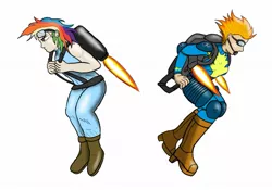 Size: 1289x903 | Tagged: artist:jarntazecht, bare knuckle, crossover, derpibooru import, duo, duo female, female, goggles, human, humanized, jet, jetpack, rainbow dash, safe, simple background, spitfire, streets of rage, white background