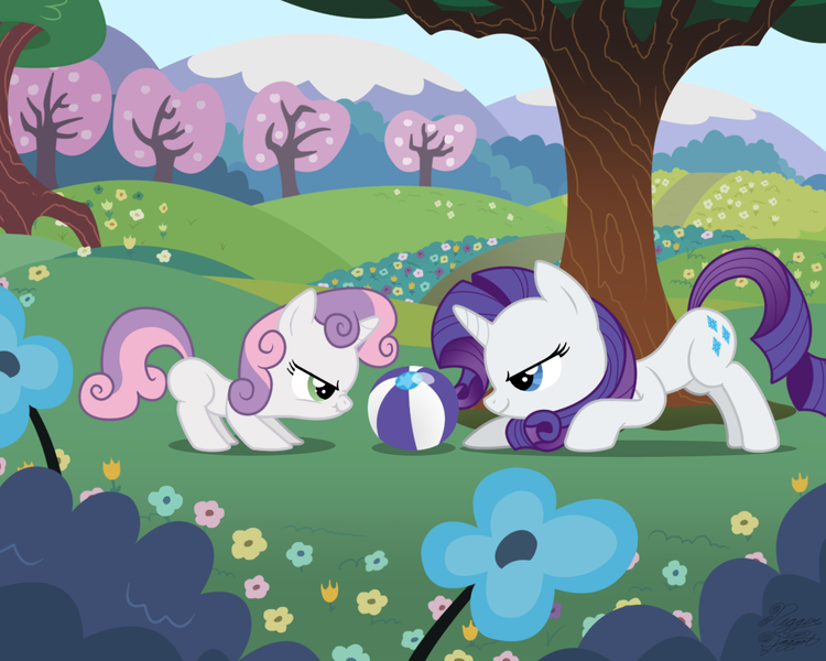 Size: 1280x1024 | Tagged: safe, artist:niggerfaggot, derpibooru import, rarity, sweetie belle, pony, unicorn, adobe imageready, ball, blank flank, cute, diasweetes, duo, duo female, female, filly, flower, mare, mountain, raribetes, scrunchy face, show accurate, sisters, tree