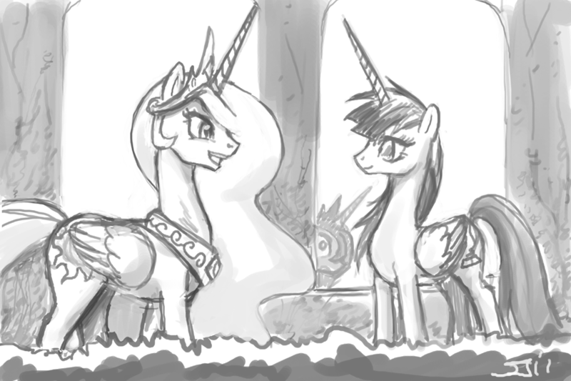 Size: 900x600 | Tagged: safe, artist:johnjoseco, derpibooru import, princess celestia, princess luna, oc, oc:fausticorn, ponified, alicorn, pony, eye contact, female, grayscale, lauren faust, looking at each other, mare, monochrome, peeking, s1 luna, trio, trio female