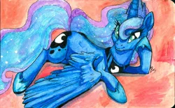 Size: 1280x792 | Tagged: safe, artist:buttercupsaiyan, deleted from derpibooru, derpibooru import, princess luna, alicorn, pony, female, mare, prone, smiling, solo, traditional art, watercolor painting