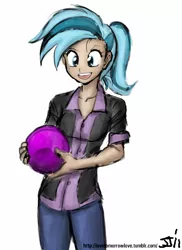 Size: 582x800 | Tagged: allie way, artist:johnjoseco, artist:michos, bowling ball, derp, derpibooru import, female, human, humanized, safe, smiling, solo