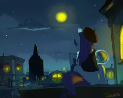 Size: 1280x1024 | Tagged: safe, artist:swomswom, derpibooru import, rarity, pony, unicorn, beatnik rarity, beret, city, clothes, female, france, hat, mare, moon, night, painting, paris, plein air, rear view, rooftop, scenery, sitting, solo