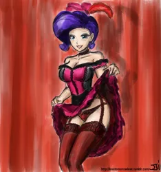 Size: 1000x1069 | Tagged: artist:johnjoseco, artist:michos, bare shoulders, breasts, burlesque, busty rarity, choker, cleavage, clothes, colored, color edit, costume, derpibooru import, edit, female, frilly underwear, garter belt, human, humanized, lingerie, panties, rarity, red underwear, saloon dress, showgirl, skirt, skirt lift, solo, solo female, stockings, suggestive, underwear, upskirt