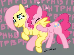 Size: 732x547 | Tagged: safe, artist:moronsonofboron, derpibooru import, fluttershy, pinkie pie, earth pony, pegasus, pony, :t, back buzz, buck buzz, crying, derp, duo, duo female, eyes closed, female, heart, mare, motorboating, onomatopoeia, raspberry, raspberry noise, scrunchy face, tickling, wing buzz, wing motorboating