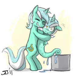 Size: 800x800 | Tagged: safe, artist:johnjoseco, derpibooru import, lyra heartstrings, pony, sea pony, unicorn, 2011, artifact, background pony, bipedal, bucket, female, hug, mare, seapony lyra, self ponidox