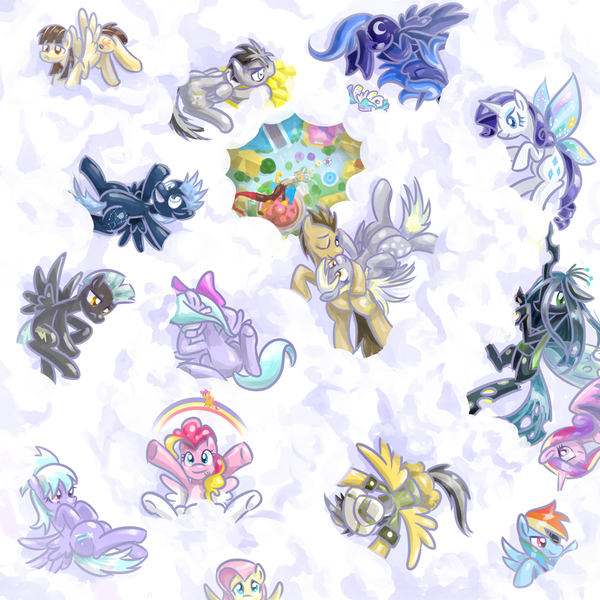 Size: 1024x1024 | Tagged: safe, artist:saturnspace, derpibooru import, cloudchaser, daring do, derpy hooves, discord, doctor whooves, flitter, fluttershy, pinkie pie, princess cadance, princess luna, queen chrysalis, rainbow dash, rarity, scootaloo, star hunter, surprise, thunderlane, time turner, wild fire, ponified, alicorn, changeling, changeling queen, draconequus, pegasus, pony, unicorn, cloud, cloudy, discord whooves, female, g1, g1 to g4, generation leap, glimmer wings, gossamer wings, jack harkness, male, mare, princess, s1 luna, stallion