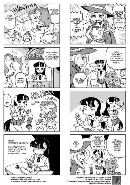 Size: 700x1000 | Tagged: 4koma, anthro, artist:shepherd0821, comic, dancing, derpibooru import, do the sparkle, dragon, female, male, monochrome, pinkie pie, pound cake, pumpkin cake, safe, spike, translation, trixie, twilight sparkle, unguligrade anthro, writing