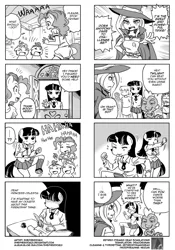 Size: 700x1000 | Tagged: 4koma, anthro, artist:shepherd0821, comic, dancing, derpibooru import, do the sparkle, dragon, female, male, monochrome, pinkie pie, pound cake, pumpkin cake, safe, spike, translation, trixie, twilight sparkle, unguligrade anthro, writing