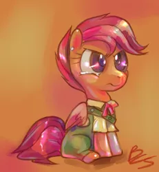 Size: 1313x1422 | Tagged: dead source, safe, artist:buttercupsaiyan, deleted from derpibooru, derpibooru import, scootaloo, pegasus, pony, angry, clothes, female, filly, filly guides, sitting, solo, unamused, wavy mouth