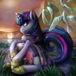 Size: 600x600 | Tagged: safe, artist:buttercupsaiyan, deleted from derpibooru, derpibooru import, twilight sparkle, bird, pony, unicorn, clothes, female, mare, scarf, sitting, solo