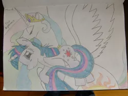 Size: 2816x2112 | Tagged: safe, artist:ponies-of-tdroid, derpibooru import, princess celestia, twilight sparkle, alicorn, pony, unicorn, princess molestia, female, high res, mare, messy mane, nightmare, photo, traditional art