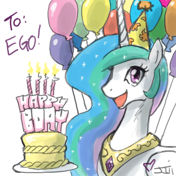 Size: 700x700 | Tagged: safe, artist:johnjoseco, derpibooru import, princess celestia, alicorn, pony, adobe imageready, balloon, birthday, cake, female, mare, princess, simple background, solo, white background