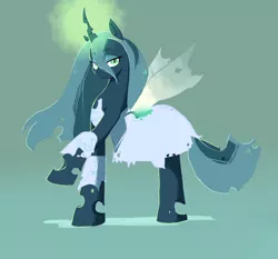Size: 1500x1400 | Tagged: dead source, safe, artist:swomswom, derpibooru import, queen chrysalis, changeling, changeling queen, clothes, dress, female, glowing horn, horn, image, jpeg, lidded eyes, looking at you, missing limb, morning blue background, raised hoof, shadow, simple background, smiling, solo, three legged