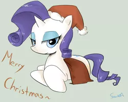 Size: 1280x1024 | Tagged: safe, artist:swomswom, derpibooru import, rarity, pony, unicorn, christmas, female, hat, lidded eyes, mare, prone, santa hat, smiling, solo