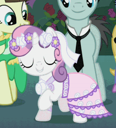 Size: 379x415 | Tagged: safe, derpibooru import, screencap, bruce mane, cloud kicker, fine line, maxie, sweetie belle, pony, unicorn, a canterlot wedding, animated, clothes, cute, dancing, diasweetes, female, filly, flower girl, gif, male, mare, stallion