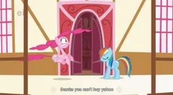 Size: 853x472 | Tagged: safe, derpibooru import, screencap, pinkie pie, rainbow dash, earth pony, pegasus, pony, griffon the brush off, door, duo, duo female, female, hiccups, mare, yahoo, youtube caption