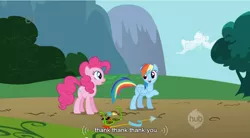 Size: 854x473 | Tagged: safe, derpibooru import, screencap, pinkie pie, rainbow dash, earth pony, pegasus, pony, griffon the brush off, duo, duo female, female, hub logo, mare, youtube caption