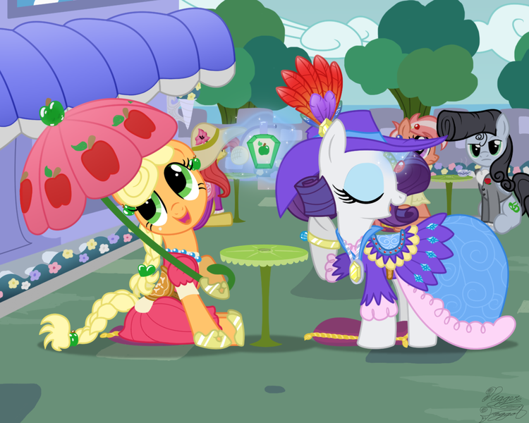 Size: 1280x1024 | Tagged: safe, artist:niggerfaggot, derpibooru import, applejack, rarity, oc, unnamed oc, earth pony, pony, unicorn, apple, applejack also dresses in style, classy, clothes, cute, dress, female, food, glowing horn, hatless, jackabetes, jewelry, kitsch, levitation, magic, male, mare, missing accessory, necklace, open mouth, perfume, pompadour, raised hoof, raised leg, raribetes, saddle, sitting, stallion, tack, telekinesis, umbrella