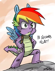 Size: 700x901 | Tagged: 10 seconds flat, adobe imageready, artist:johnjoseco, derpibooru import, dragon, fake wings, male, new rainbow dash, rainbow wig, safe, solo, spike